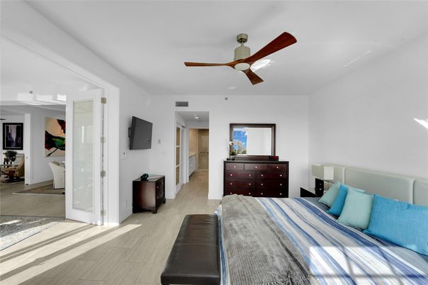 Bedroom, Interior, Recessed Lighting, Wood Texture Flooring