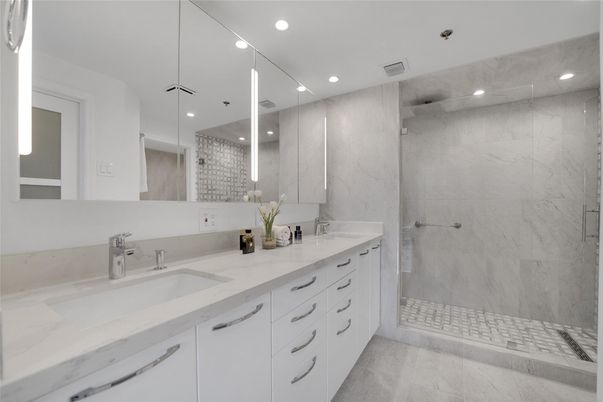Bathroom, Dual Sink Vanities, Interior, Marble Walls, Recessed Lighting