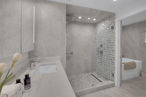 Bathroom, Glass Shower, Interior, Marble Walls, Recessed Lighting, Wood Texture Flooring