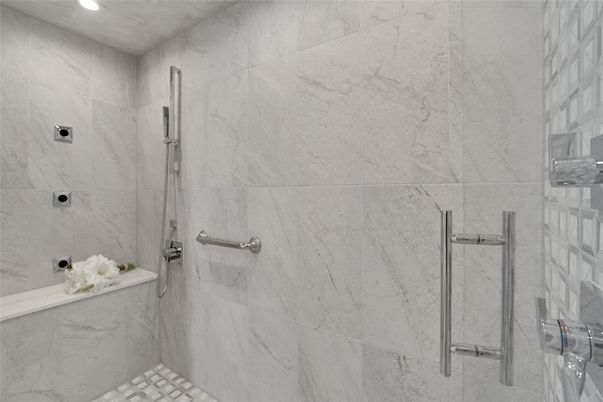 Bathroom, Glass Shower, Interior, Marble Walls, Recessed Lighting