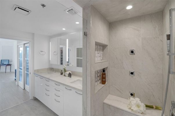 Bathroom, Dual Sink Vanities, Interior, Marble Walls, Recessed Lighting