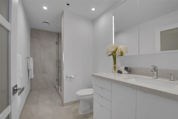 Bathroom, Glass Shower, Interior, Marble, Marble Walls, Recessed Lighting