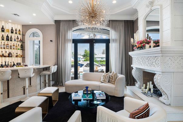 Chandelier, Fireplace, Interior, Living room, Recessed Lighting