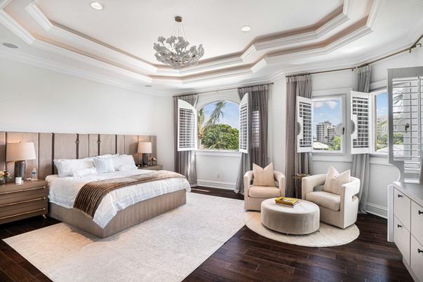 Bedroom, Interior, Pendant Lights, Recessed Lighting, Wood Texture Flooring