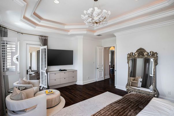 Bedroom, Chandelier, Interior, Recessed Lighting, Wood Texture Flooring