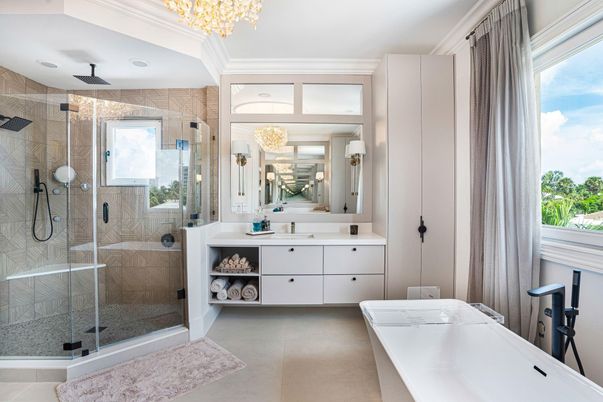 Bathroom, Glass Shower, Interior, Recessed Lighting