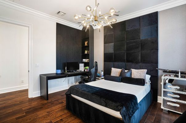 Bedroom, Home Office, Interior, Pendant Lights, Wood Texture Flooring