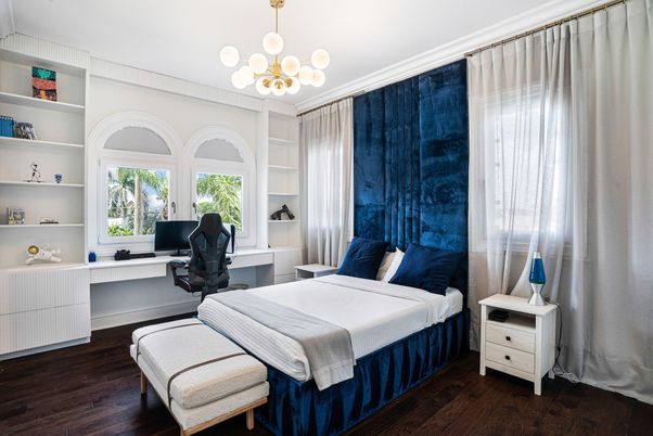 Bedroom, Home Office, Interior, Pendant Lights, Wood Texture Flooring