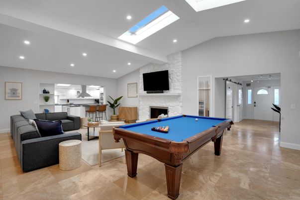 Billiard Table, Fireplace, Game Room, Interior, Living room, Recessed Lighting, Stone Walls