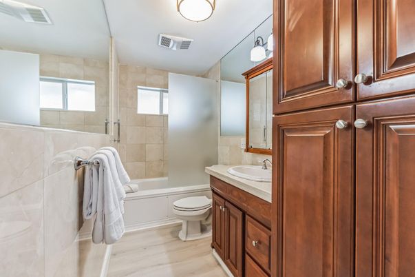 Bathroom, Glass Shower, Interior, Wood Texture Flooring