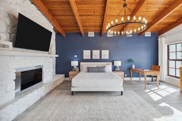 Bedroom, Chandelier, Fireplace, Interior, Wooden Beams, Wooden Ceilings, Wood Texture Flooring