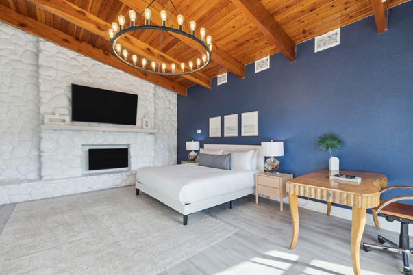Bedroom, Fireplace, Interior, Stone Walls, Wooden Beams, Wooden Ceilings, Wood Texture Flooring