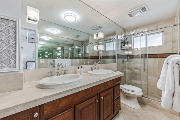 Bathroom, Dual Sink Vanities, Glass Shower, Interior, Tile Countertops