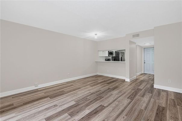Empty room, Interior, Kitchen, Stainless Steel Appliances, Wood Texture Flooring