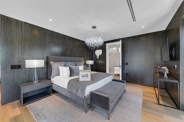 Bedroom, Chandelier, Interior, Recessed Lighting, Wood Texture Flooring