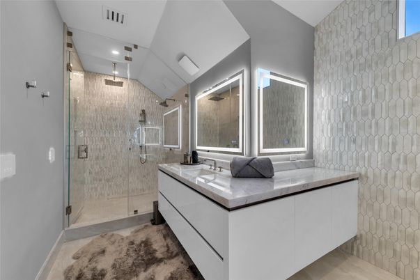 Bathroom, Dual Sink Vanities, Glass Shower, Interior, Recessed Lighting