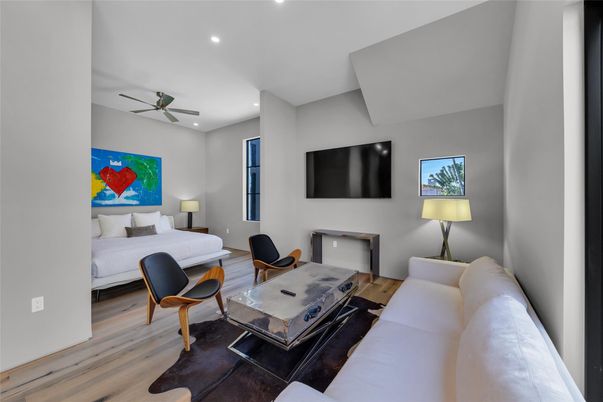 Bedroom, Interior, Living room, Recessed Lighting, Wood Texture Flooring