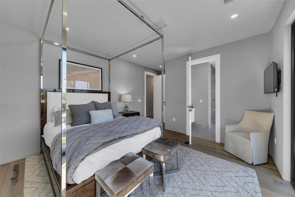 Bedroom, Interior, Recessed Lighting, Wood Texture Flooring