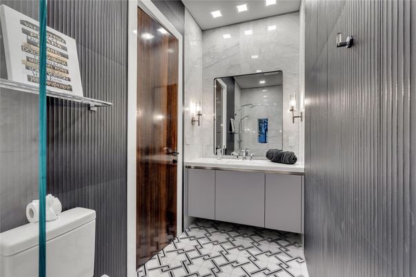 Bathroom, Glass Shower, Interior, Marble, Marble Walls, Recessed Lighting