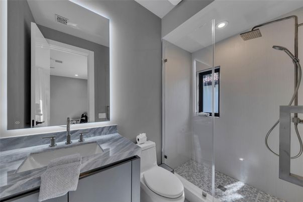 Bathroom, Glass Shower, Interior, Recessed Lighting