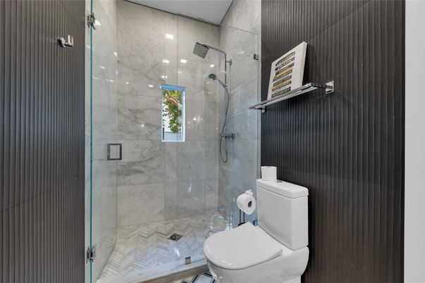 Bathroom, Glass Shower, Interior, Marble Walls, Recessed Lighting