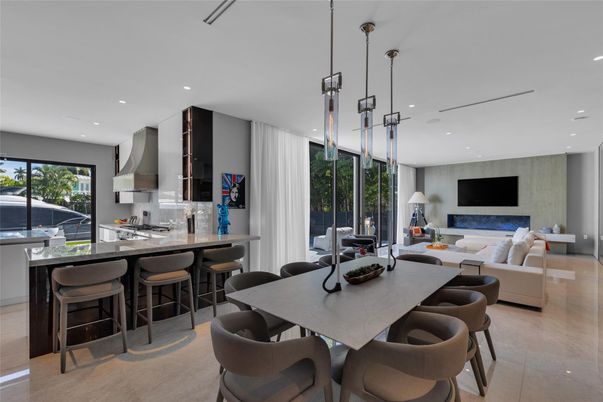 Dining room, Fireplace, Interior, Kitchen, Living room, Pendant Lights, Recessed Lighting