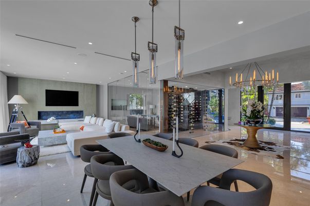 Dining room, Fireplace, Interior, Living room, Pendant Lights, Recessed Lighting, Wine Storage