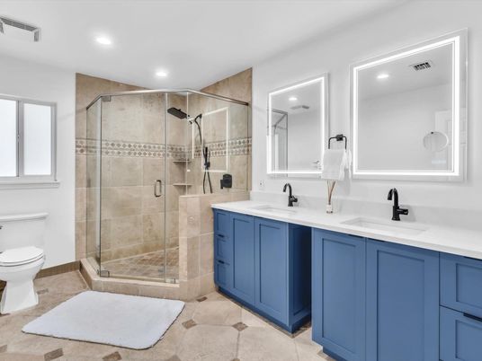 Bathroom, Dual Sink Vanities, Glass Shower, Interior, Recessed Lighting