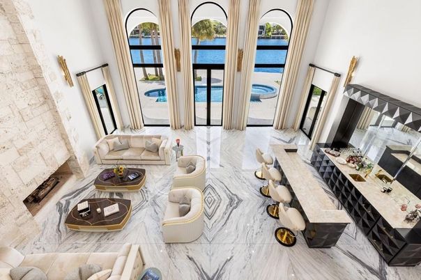 Fireplace, Interior, Living room, Marble, Stone Walls, Water