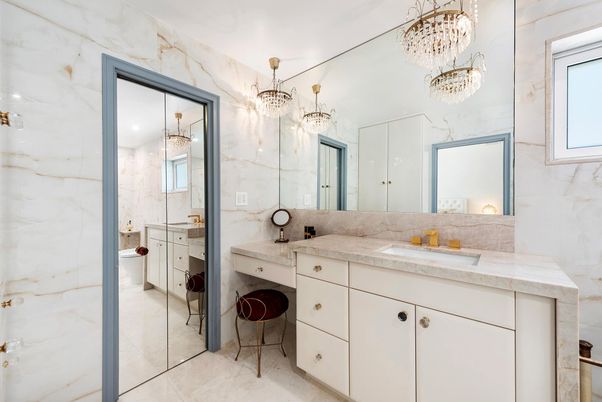 Bathroom, Chandelier, Dual Sink Vanities, Interior, Marble Walls