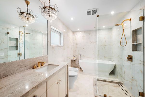 Bathroom, Dual Sink Vanities, Free Standing Baths, Glass Shower, Interior, Marble, Marble Walls, Recessed Lighting