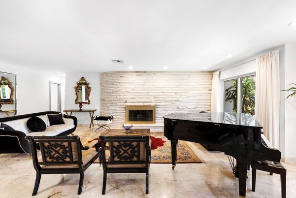 Fireplace, Interior, Living room, Piano, Recessed Lighting, Stone Walls