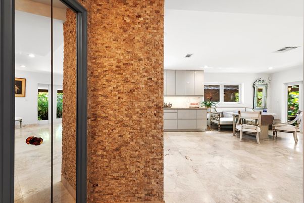 Dining room, Interior, Recessed Lighting, Stone Walls