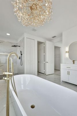 Bathroom, Free Standing Baths, Interior, Marble, Recessed Lighting