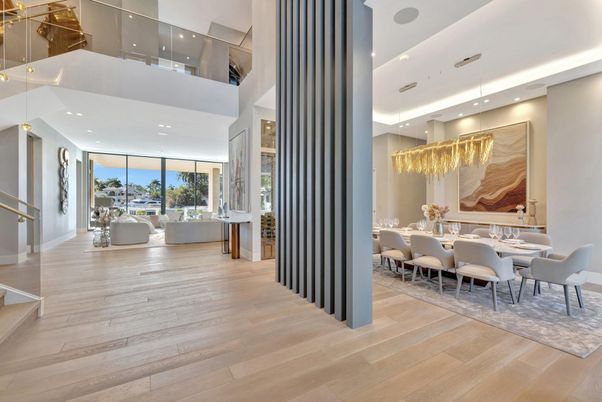 Chandelier, Dining room, Interior, Recessed Lighting, Wood Texture Flooring
