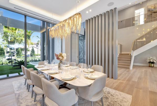 Chandelier, Dining room, Interior, Recessed Lighting, Wood Texture Flooring