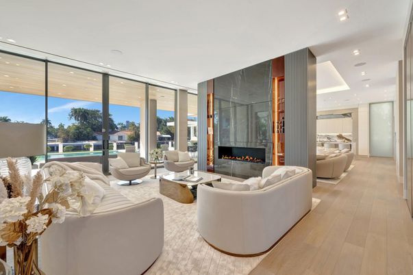 Fireplace, Interior, Living room, Recessed Lighting, Wood Texture Flooring