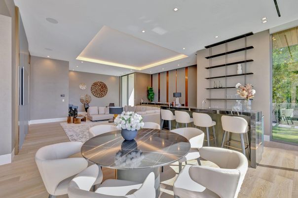 Dining room, Interior, Living room, Recessed Lighting, Wood Texture Flooring
