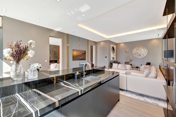 Interior, Kitchen, Living room, Recessed Lighting, Tile Countertops, Wood Texture Flooring