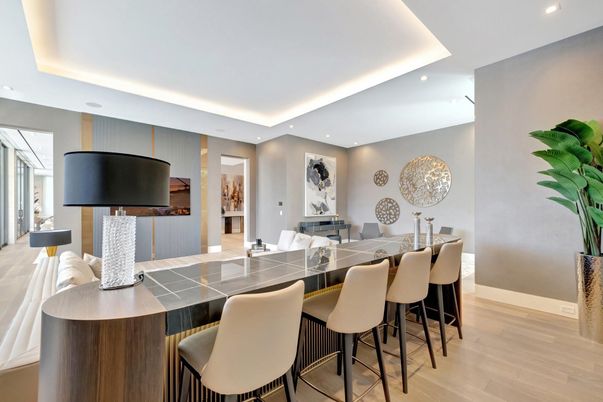 Dining room, Interior, Recessed Lighting, Wood Texture Flooring