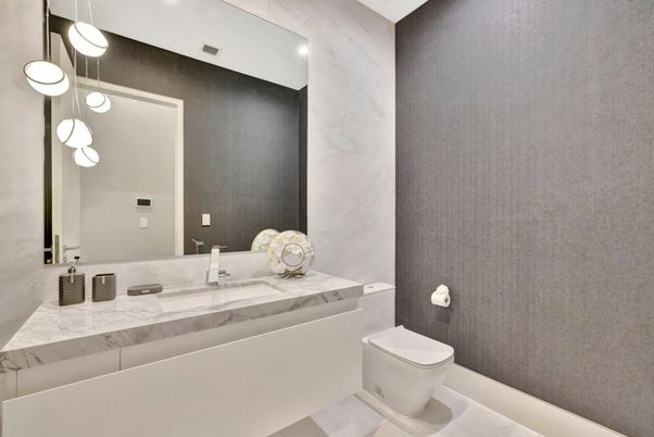 Bathroom, Interior, Marble Walls, Pendant Lights, Recessed Lighting