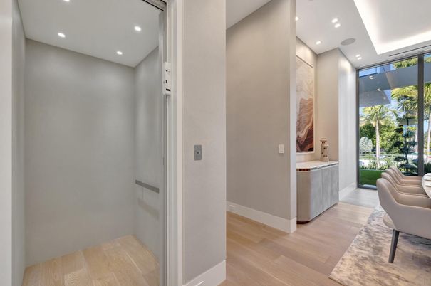 Elevator, Interior, Recessed Lighting, Wood Texture Flooring