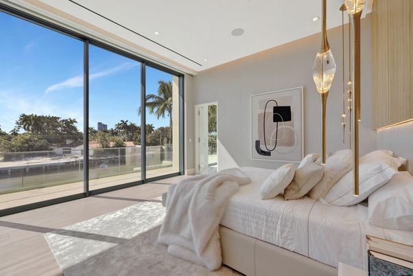 Bedroom, Interior, Pendant Lights, Recessed Lighting, Wood Texture Flooring