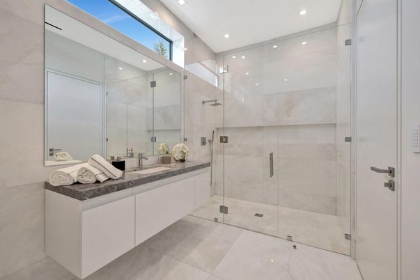 Bathroom, Glass Shower, Interior, Marble, Marble Walls, Recessed Lighting