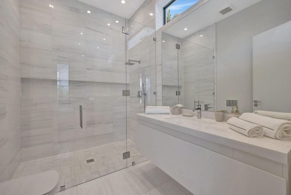 Bathroom, Dual Sink Vanities, Glass Shower, Interior, Marble Walls, Recessed Lighting