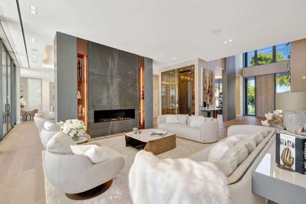 Fireplace, Interior, Living room, Recessed Lighting, Wine Storage, Wood Texture Flooring