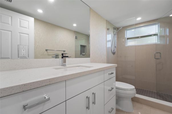 Bathroom, Dual Sink Vanities, Glass Shower, Interior, Recessed Lighting