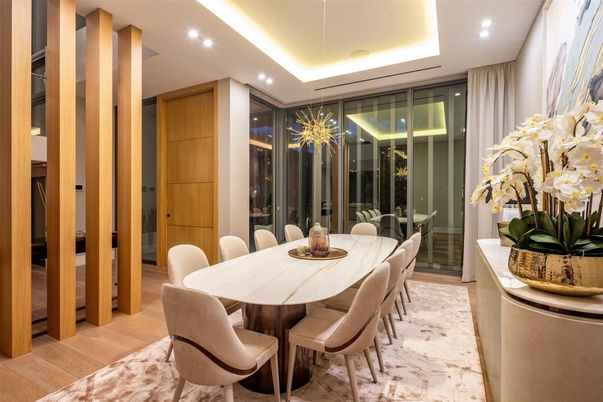 Dining room, Interior, Recessed Lighting, Wood Texture Flooring