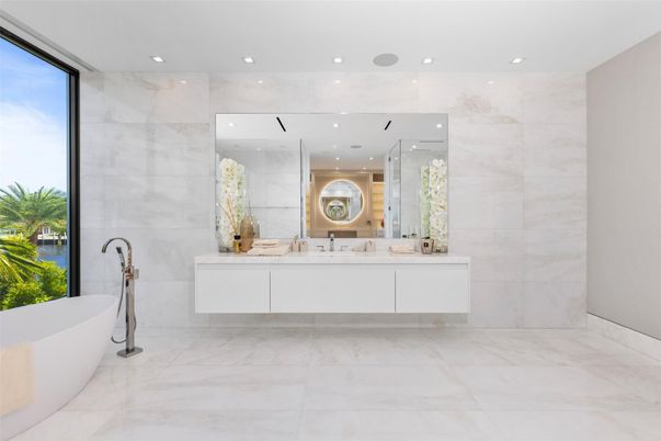 Bathroom, Dual Sink Vanities, Free Standing Baths, Interior, Marble, Marble Walls, Recessed Lighting