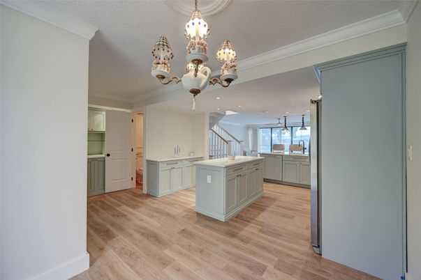 Chandelier, Interior, Kitchen, Pendant Lights, Recessed Lighting, Wood Texture Flooring